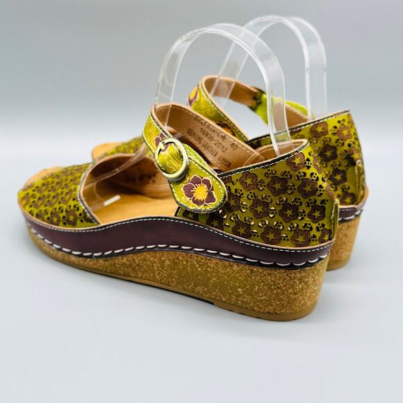 Spring Step L'Artiste Sandals Women 9.5 Green Leather Delphia Wedge Floral Strap - Picture 8 of 11